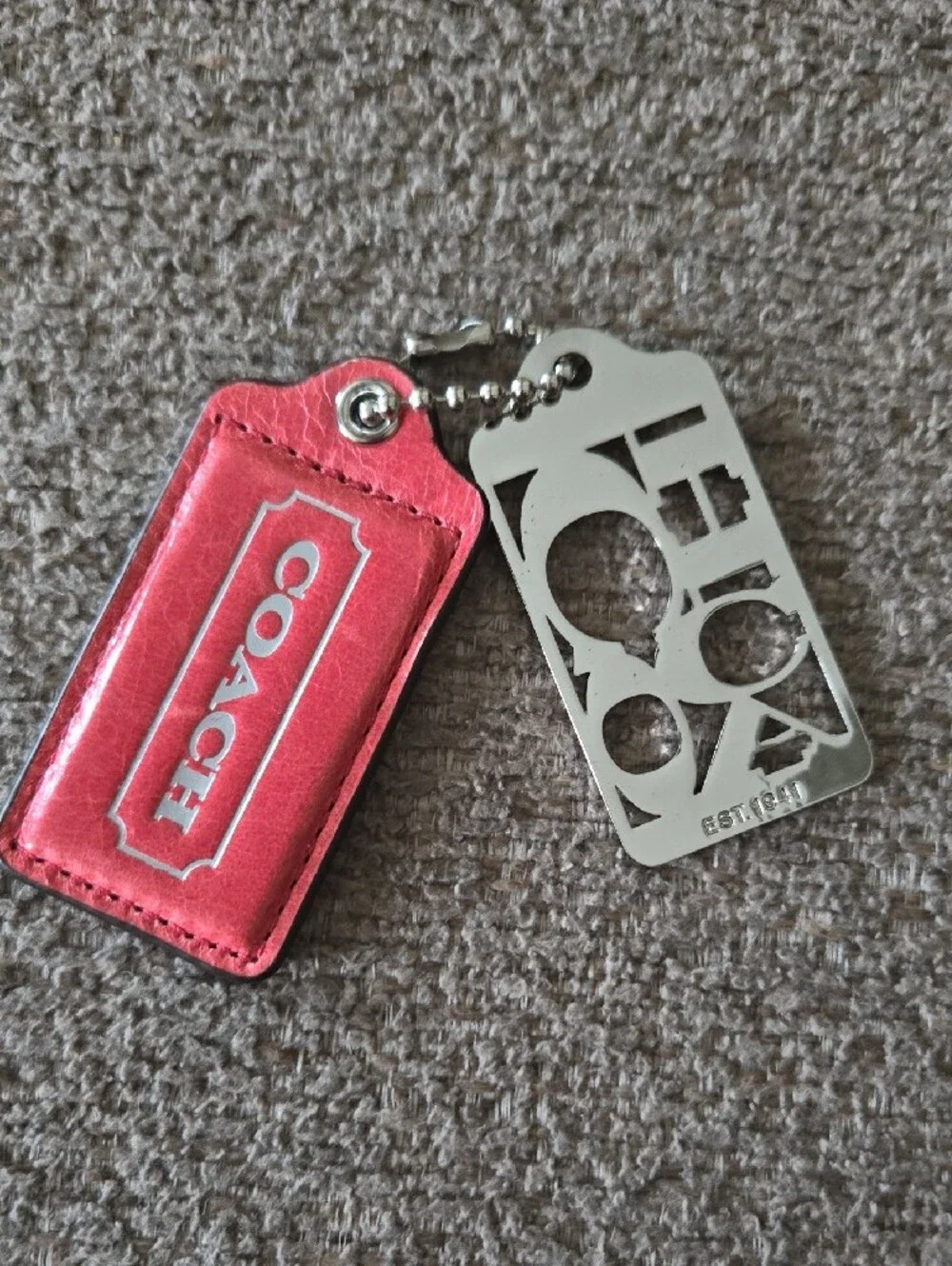 Coach Pink Leather Logo Keyring with Silver Tone Cutout Charm